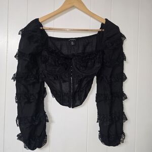 Sexy Black Lace-Trim Corset Blouse